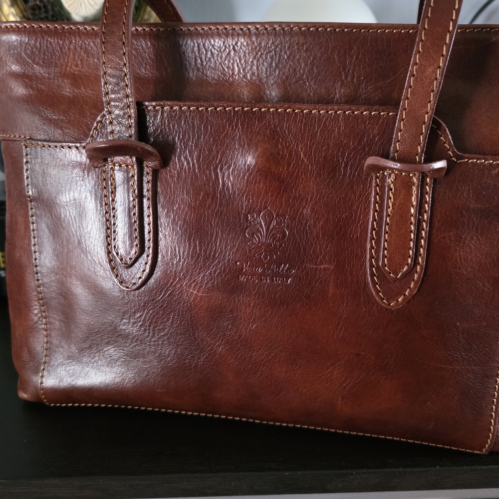 Vintage Vera Pelle Italian Brown Leather Tote Bag